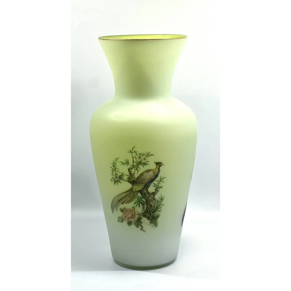 Vintage Norleans Cased Satin Glass Hand Painted Bird & Flowers Glass Vase 14